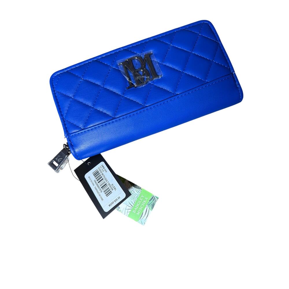 Badgley Mischka Quilted Vegan Leather Zip Around Wallet Electric Blue NWT